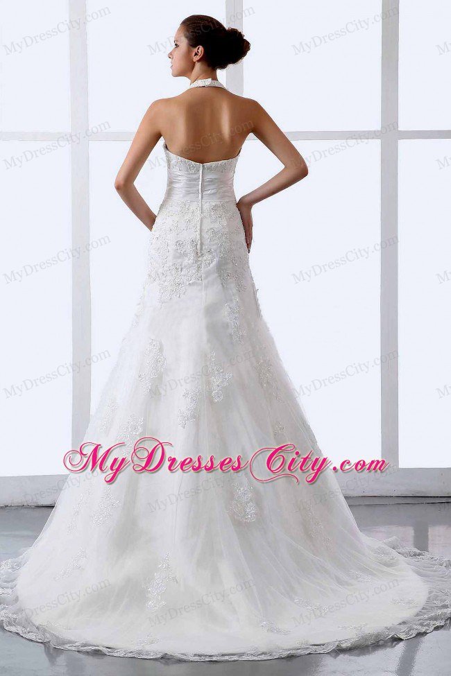 2013 Modern Halter Appliques Tulle Court Train Wedding Dress