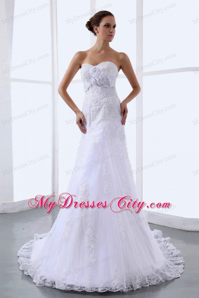 Hand Made Flowers Sweetheart Chapel Train Lace wedding Gown