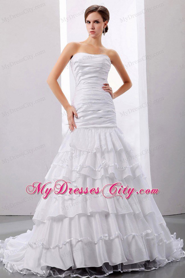 Ruffles and Ruched Mermaid Strapless Court Train Wedding Dress