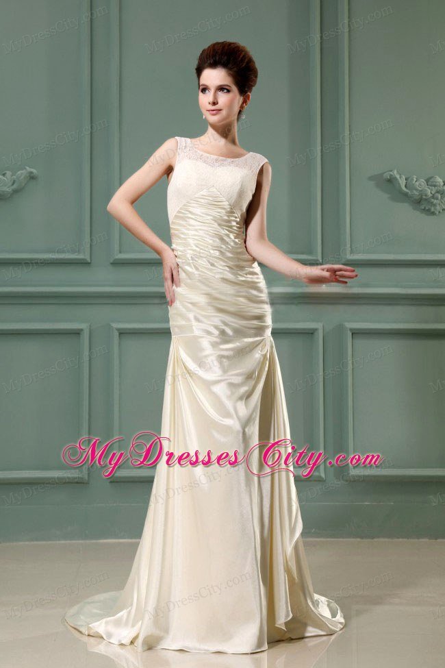 Scoop Neck Column Champagne Taffeta Brush Train Wedding Dress