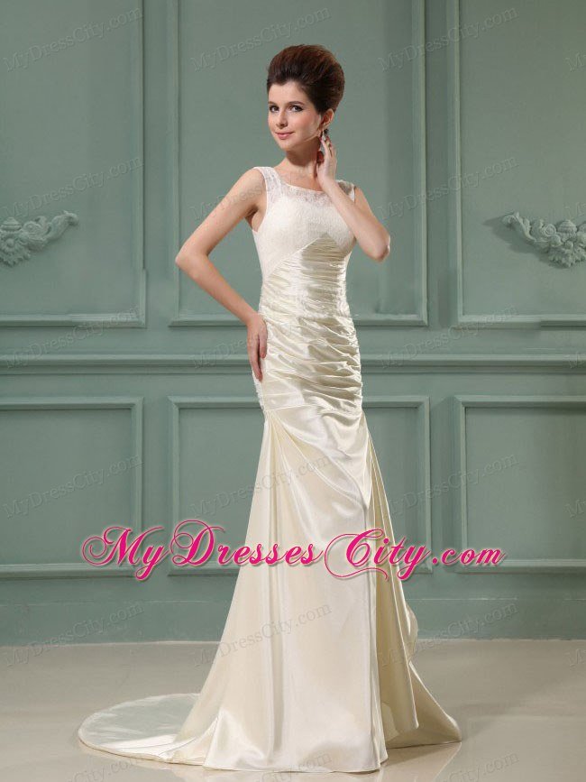 Scoop Neck Column Champagne Taffeta Brush Train Wedding Dress