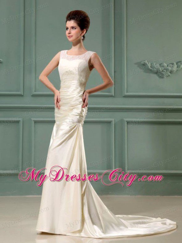 Scoop Neck Column Champagne Taffeta Brush Train Wedding Dress