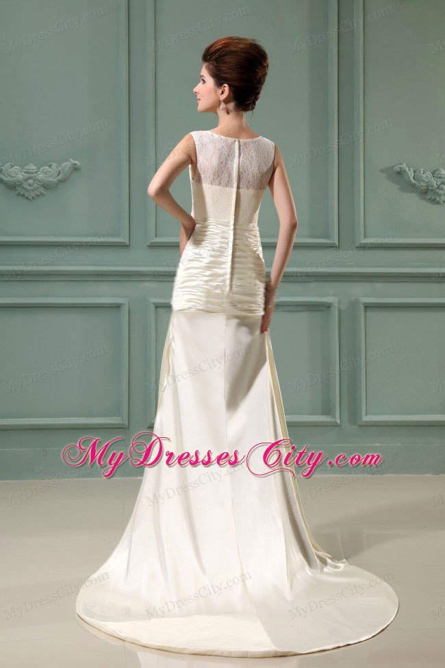 Scoop Neck Column Champagne Taffeta Brush Train Wedding Dress