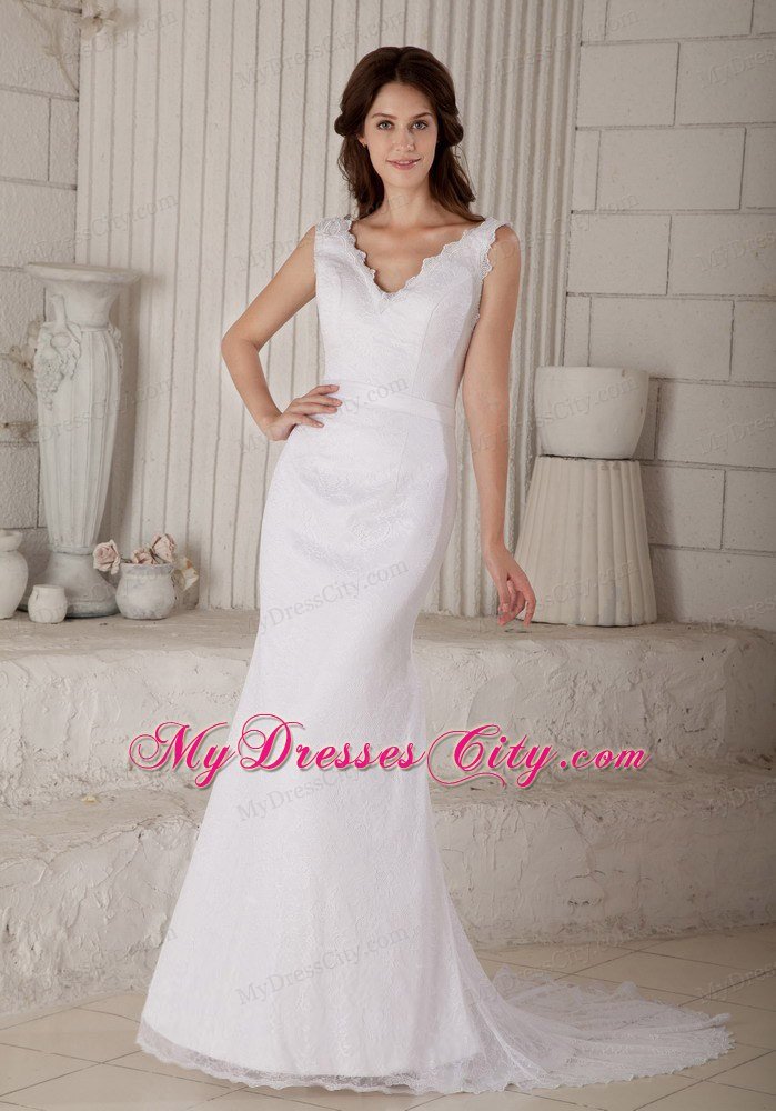 Sexy Mermaid V-neck Court Train Lace Claps Handle Wedding Dress