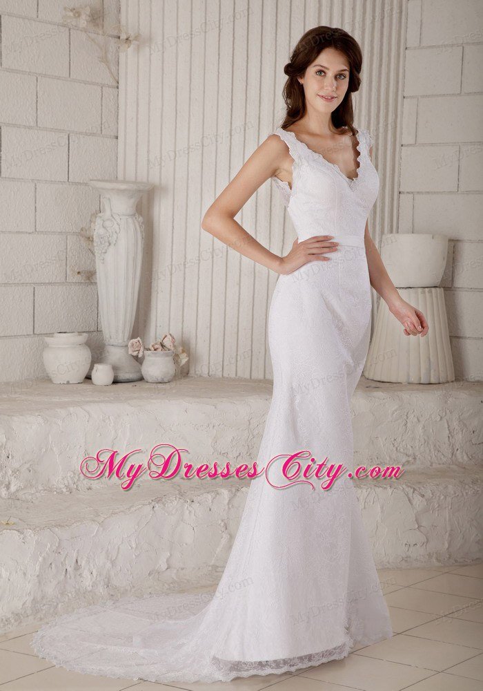 Sexy Mermaid V-neck Court Train Lace Claps Handle Wedding Dress