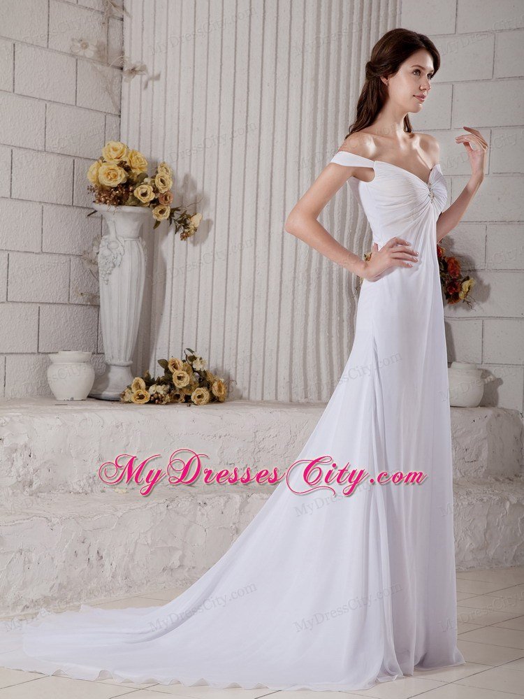 Simple A-line Off The Shoulder Court Train Beaded Bridal Gown