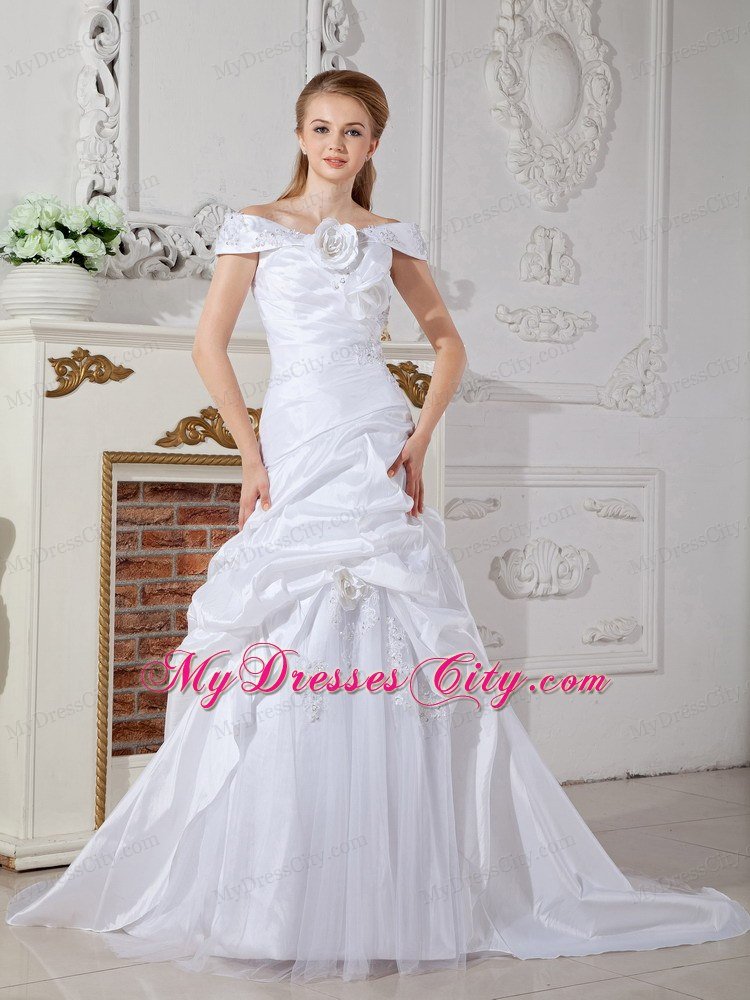 Elegant Off The Shoulder Court Train Hand Flowers Wedding Dress