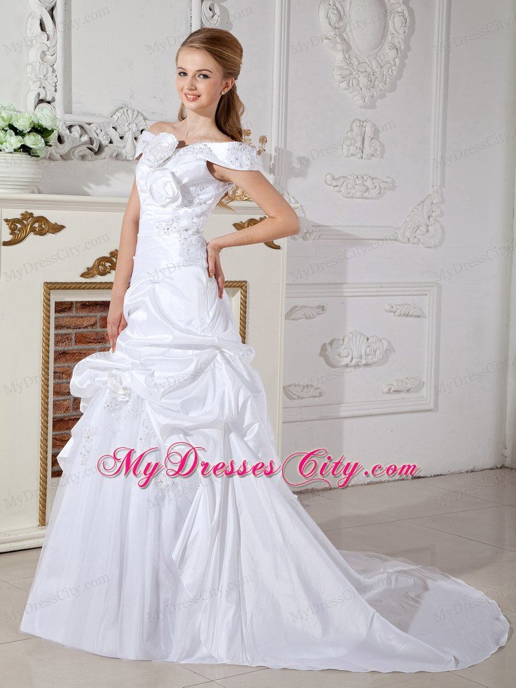 Elegant Off The Shoulder Court Train Hand Flowers Wedding Dress