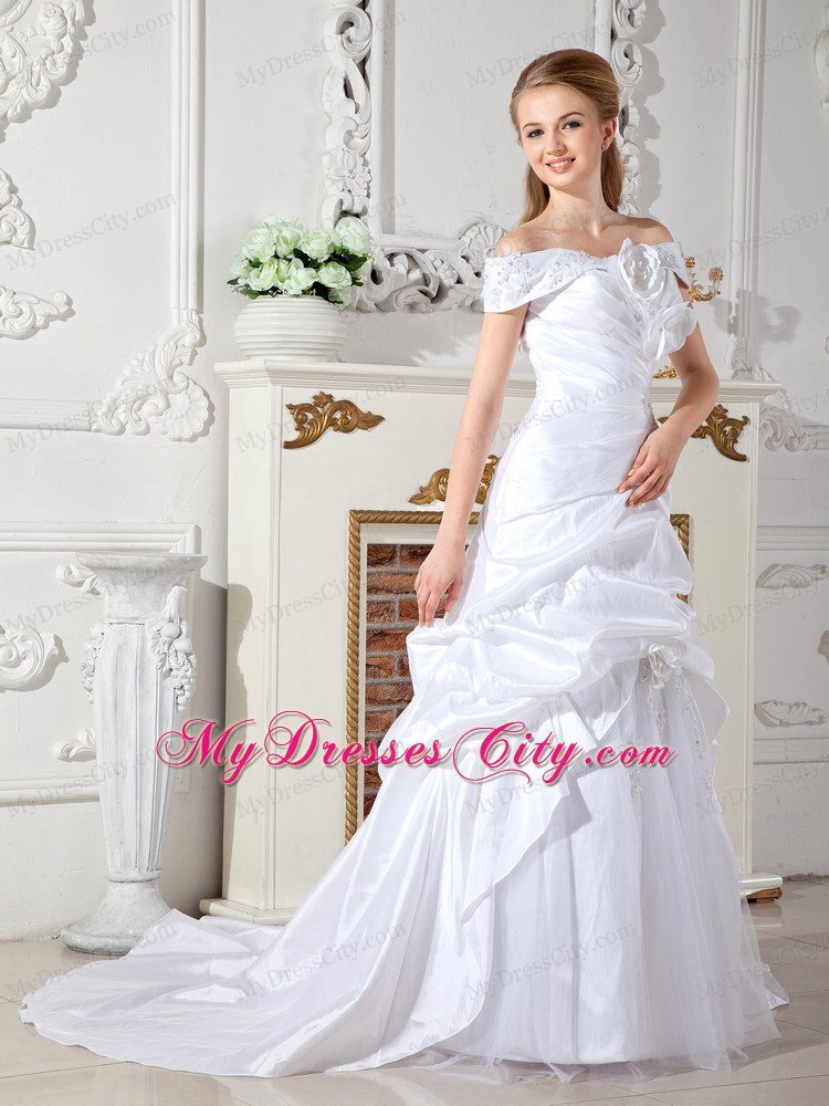 Elegant Off The Shoulder Court Train Hand Flowers Wedding Dress