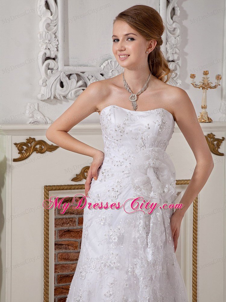 Romantic Empire Strapless Lace Hand Made Flowers Wedding Dress