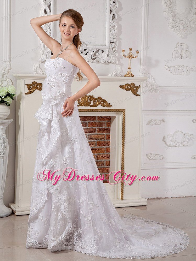 Romantic Empire Strapless Lace Hand Made Flowers Wedding Dress