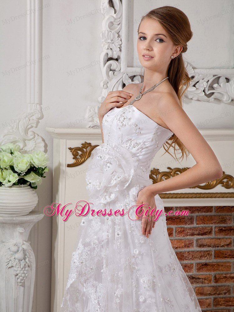 Romantic Empire Strapless Lace Hand Made Flowers Wedding Dress