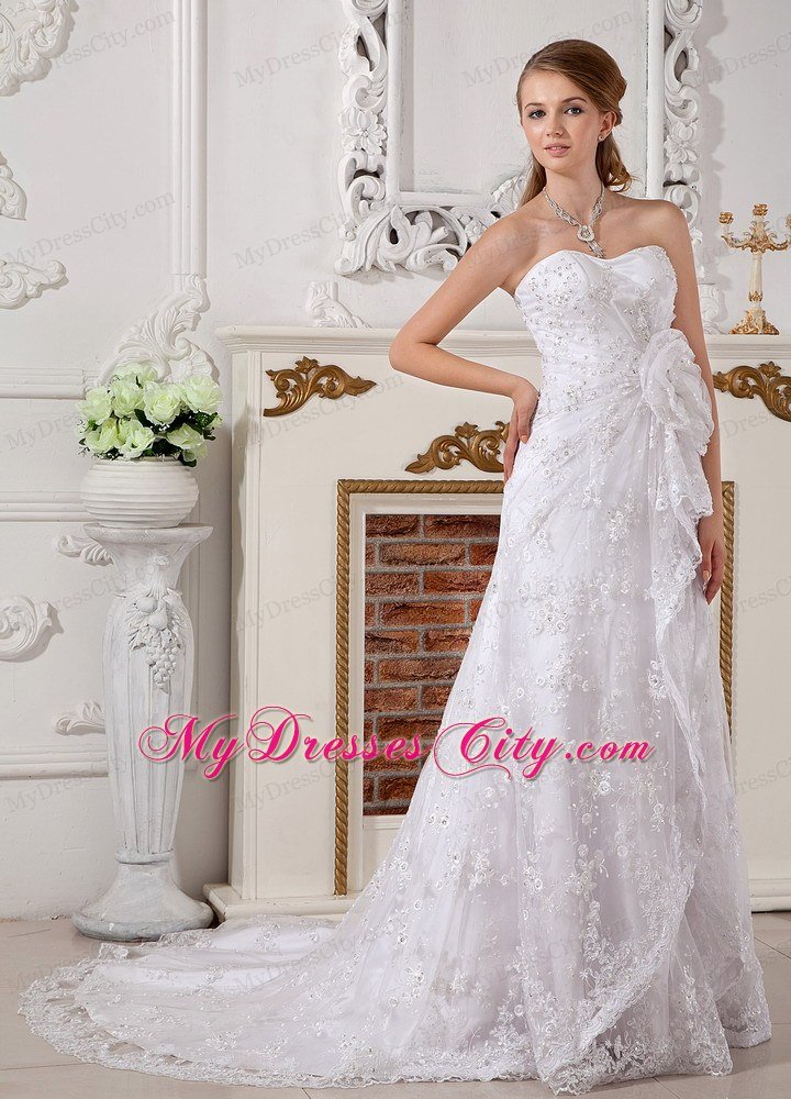 Romantic Empire Strapless Lace Hand Made Flowers Wedding Dress