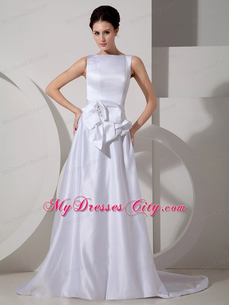 Modest Peekaboo Keyhole Bateau Brush Train Sash Wedding Dress