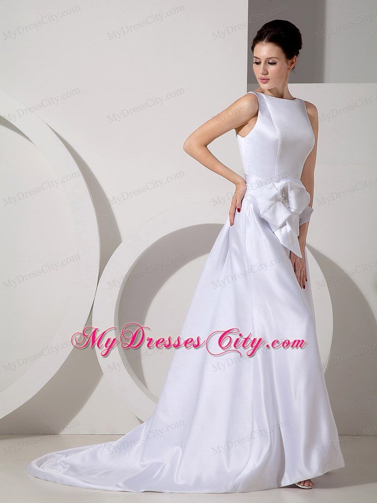 Modest Peekaboo Keyhole Bateau Brush Train Sash Wedding Dress