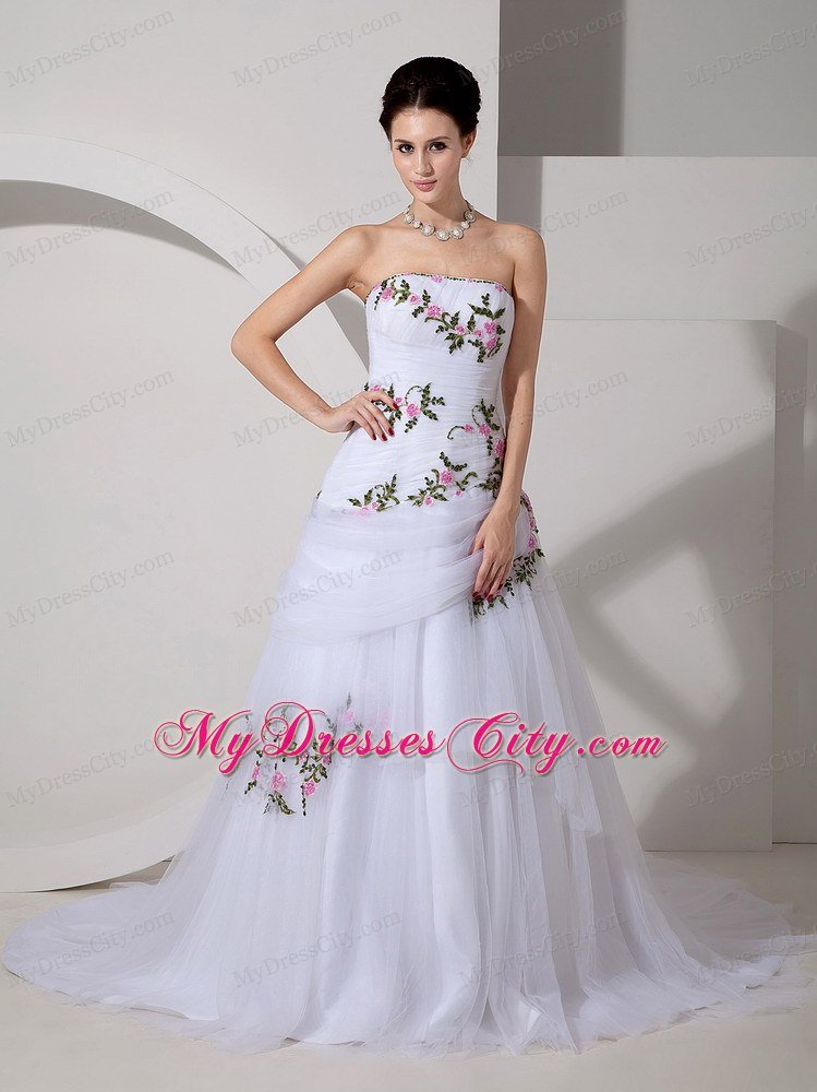 Pretty A-line Strapless Tulle Colorful Appliques Bridal dress