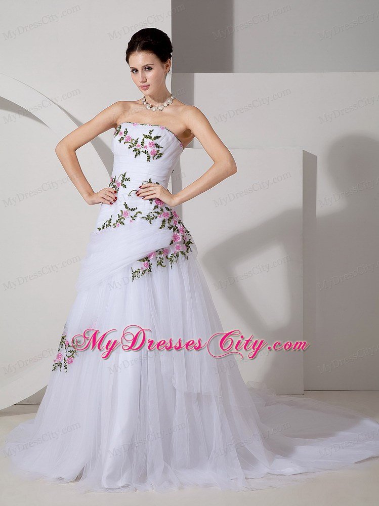 Pretty A-line Strapless Tulle Colorful Appliques Bridal dress