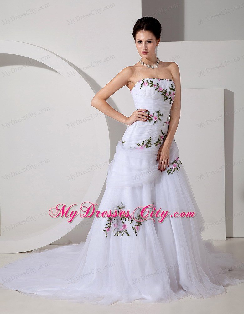 Pretty A-line Strapless Tulle Colorful Appliques Bridal dress