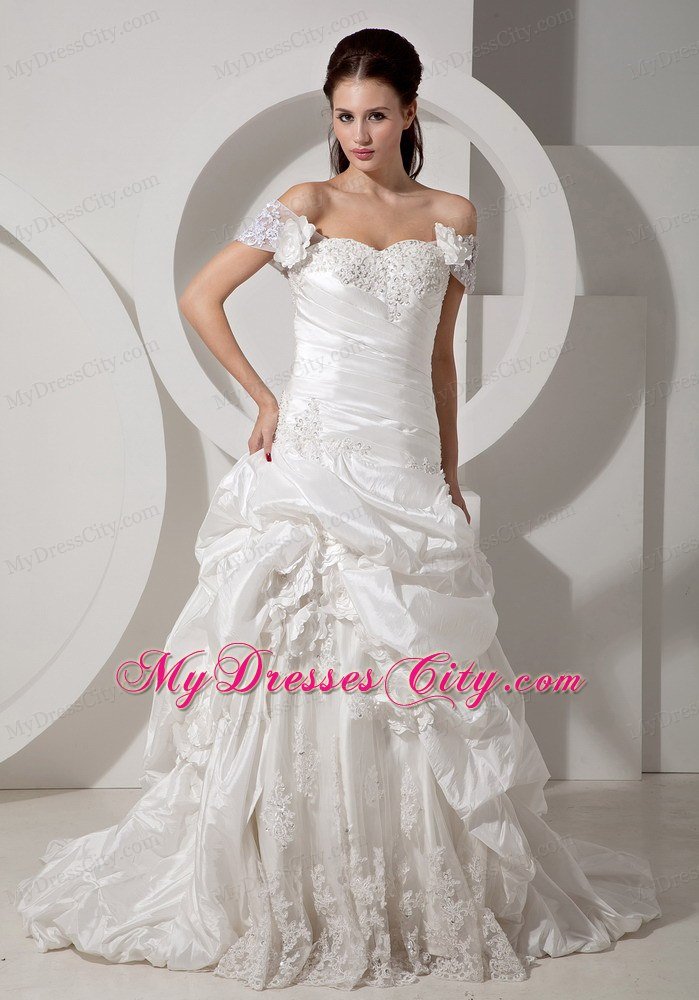 A-line Off The Shoulder Court Train Appliques Wedding Dress