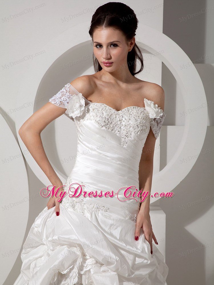 A-line Off The Shoulder Court Train Appliques Wedding Dress