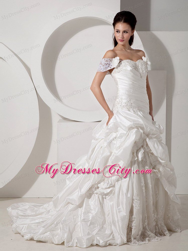 A-line Off The Shoulder Court Train Appliques Wedding Dress