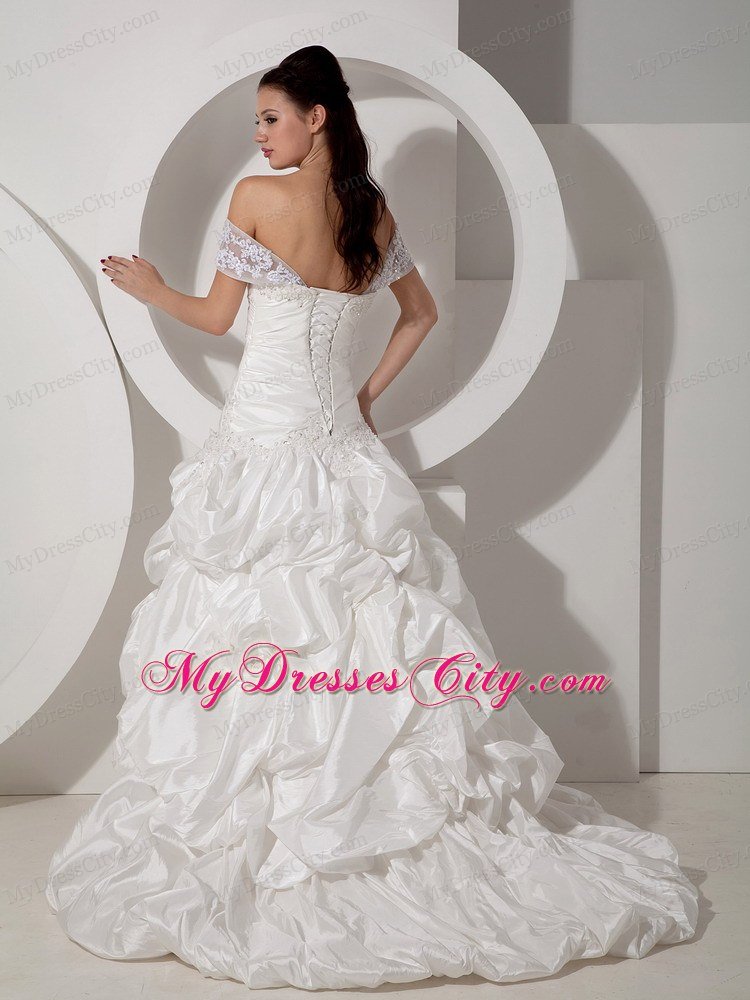 A-line Off The Shoulder Court Train Appliques Wedding Dress