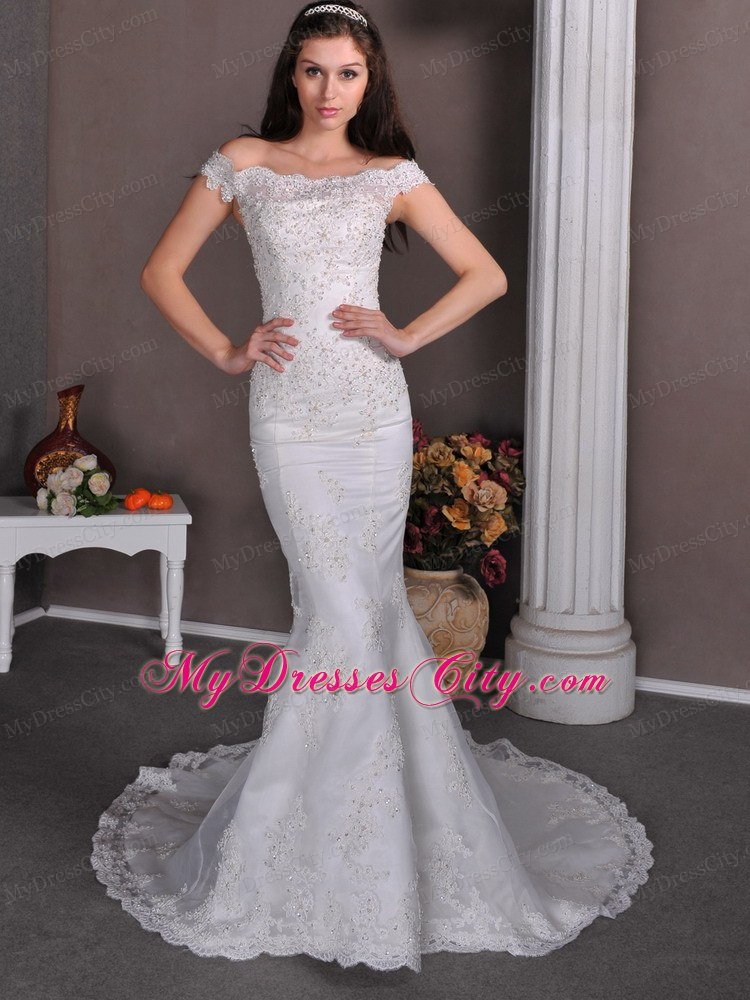 Mermaid Off The Shoulder Brush Train Wedding Dress with Lace