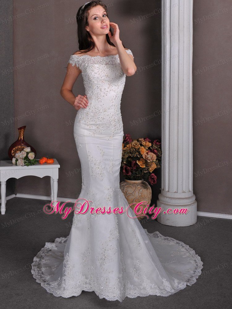 Mermaid Off The Shoulder Brush Train Wedding Dress with Lace