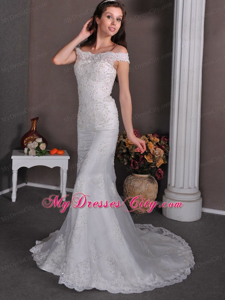 Mermaid Off The Shoulder Brush Train Wedding Dress with Lace