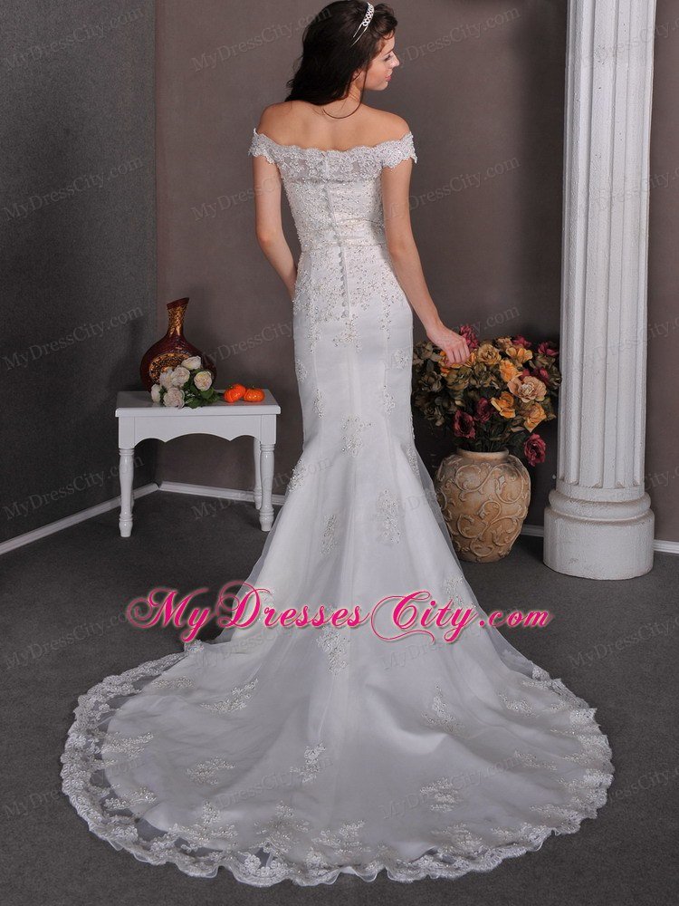 Mermaid Off The Shoulder Brush Train Wedding Dress with Lace