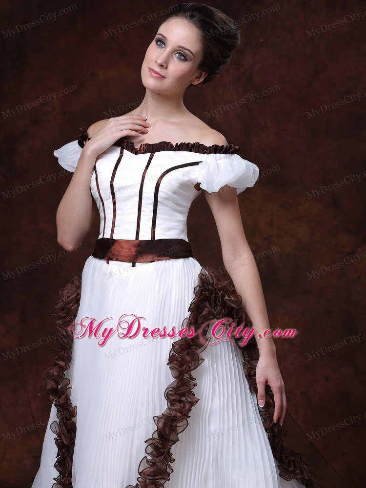 Off The Shoulder A-Line Pleated Wedding Dress with Brown Train