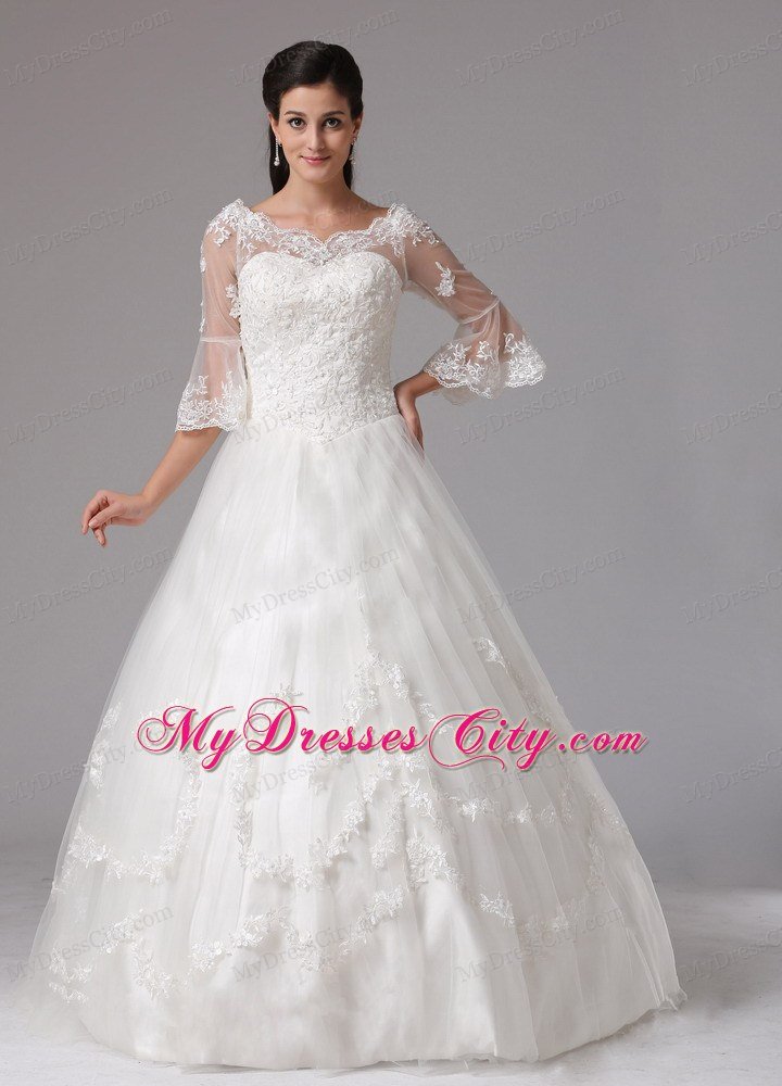 Lace A-line V-neck Destination Wedding Dress with Half Sleeves