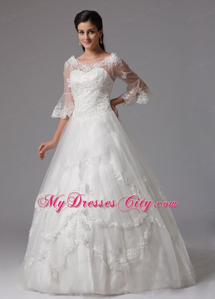 Lace A-line V-neck Destination Wedding Dress with Half Sleeves