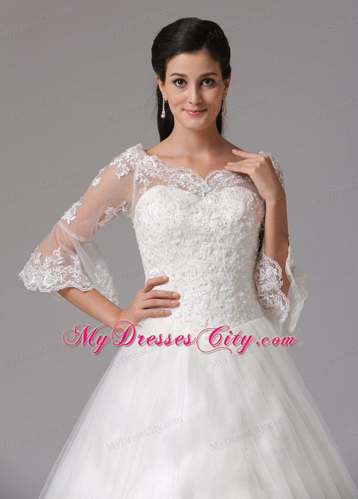 Lace A-line V-neck Destination Wedding Dress with Half Sleeves