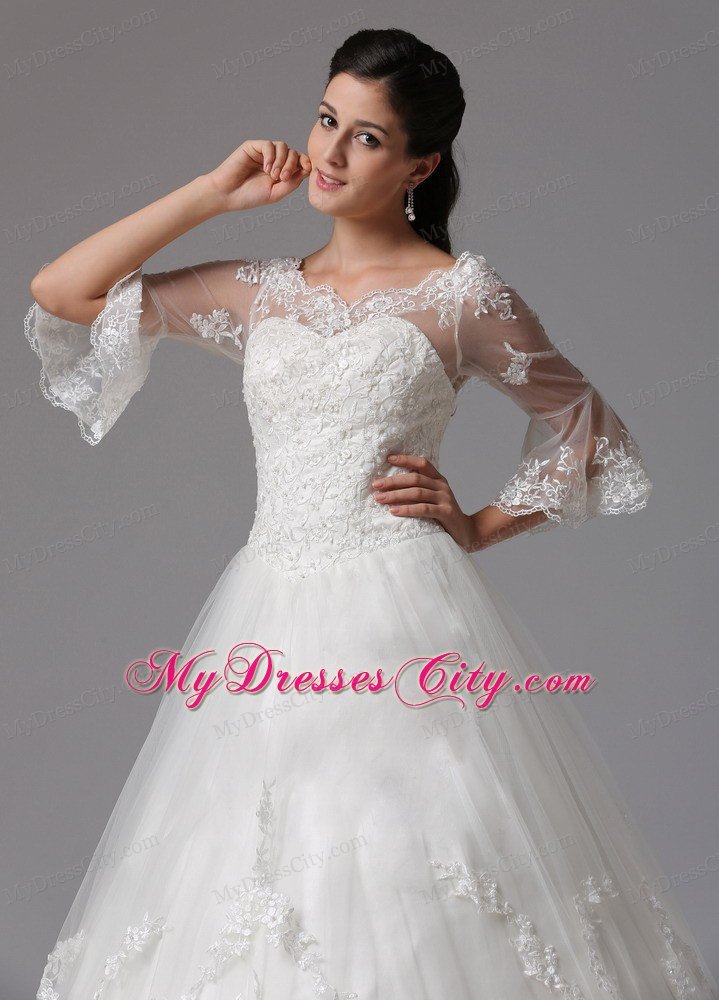 Lace A-line V-neck Destination Wedding Dress with Half Sleeves