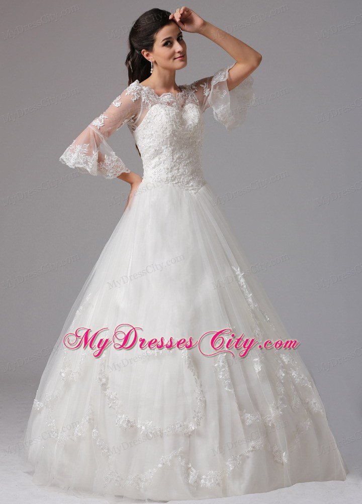 Lace A-line V-neck Destination Wedding Dress with Half Sleeves