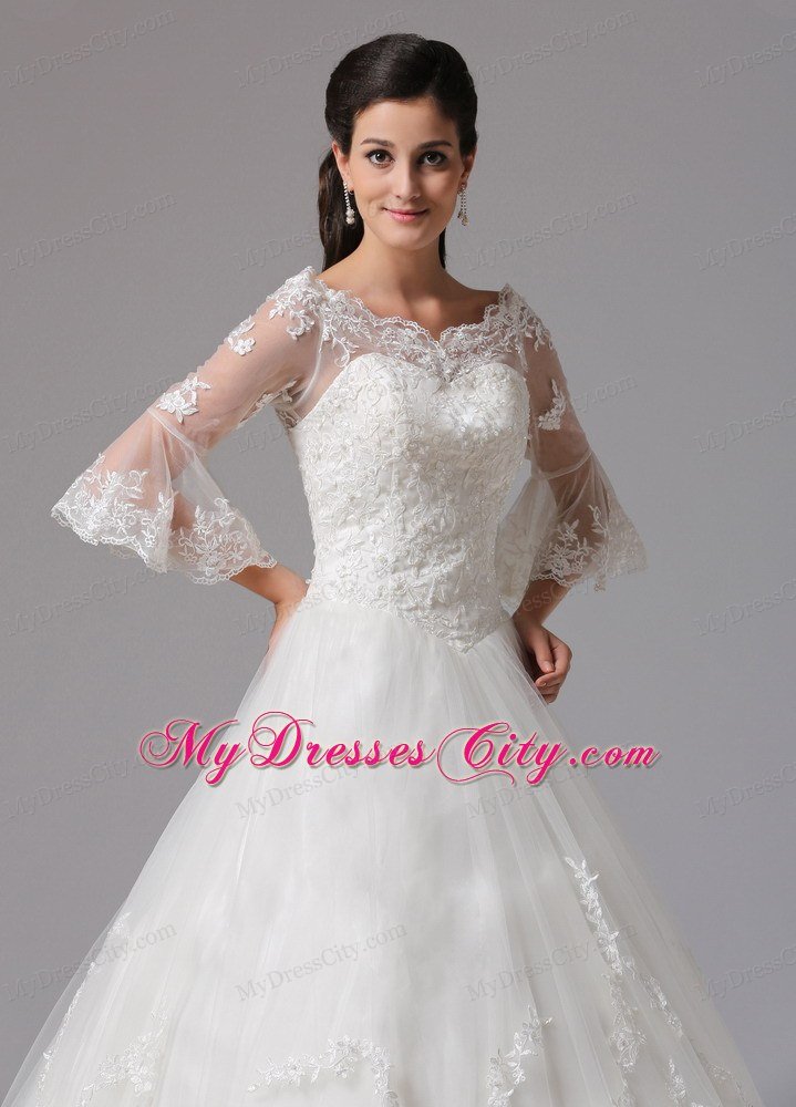 Lace A-line V-neck Destination Wedding Dress with Half Sleeves