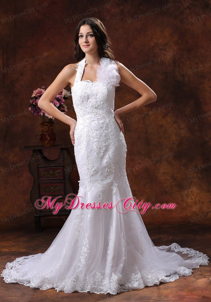 Mermaid Wedding Dress with Flower Halter Neckline and Lace