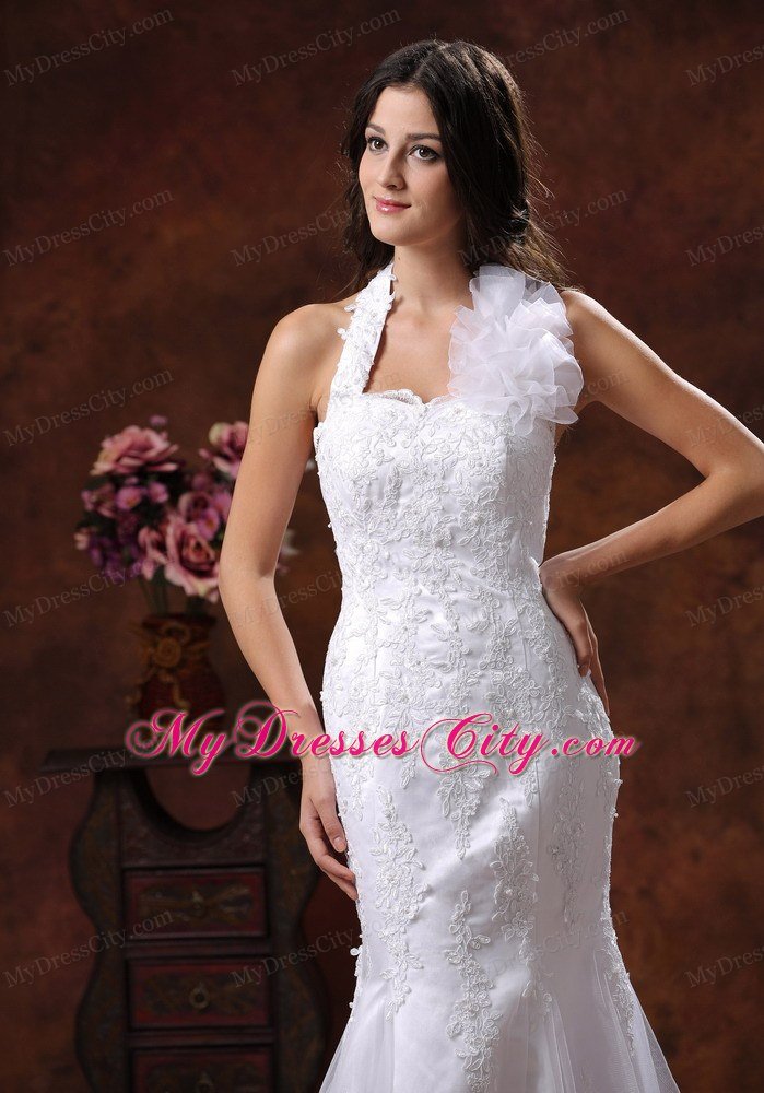 Mermaid Wedding Dress with Flower Halter Neckline and Lace