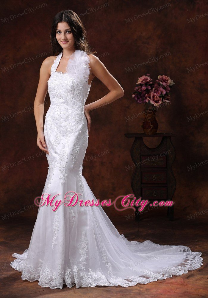 Mermaid Wedding Dress with Flower Halter Neckline and Lace