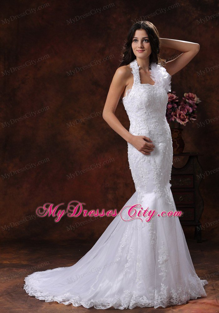 Mermaid Wedding Dress with Flower Halter Neckline and Lace