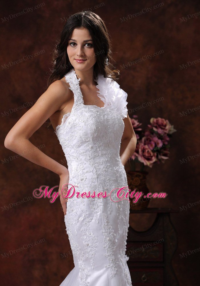 Mermaid Wedding Dress with Flower Halter Neckline and Lace