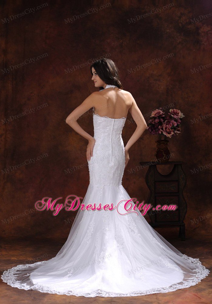 Mermaid Wedding Dress with Flower Halter Neckline and Lace