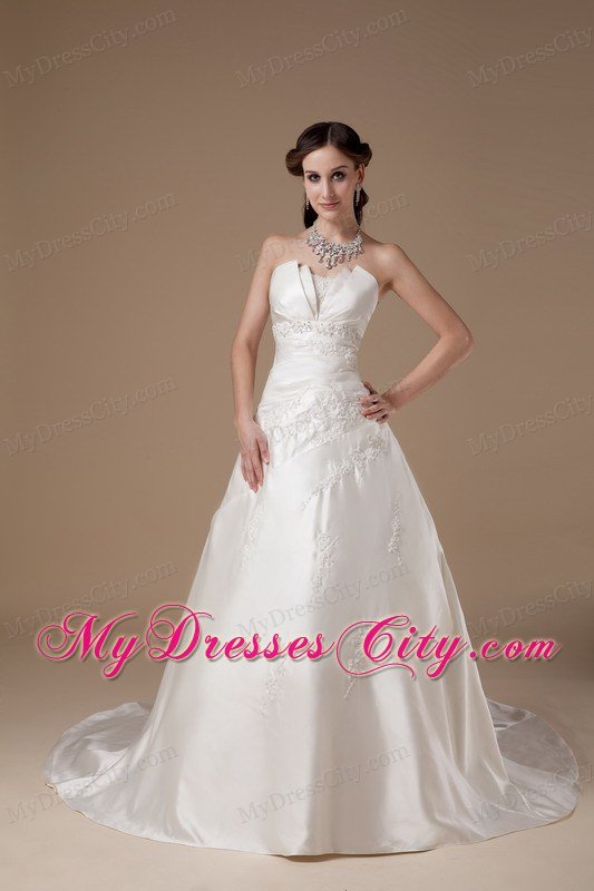 Ivory A-line Strapless Court Train Appliques Wedding Dress