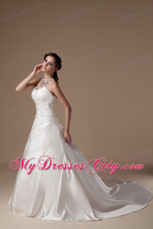 Ivory A-line Strapless Court Train Appliques Wedding Dress