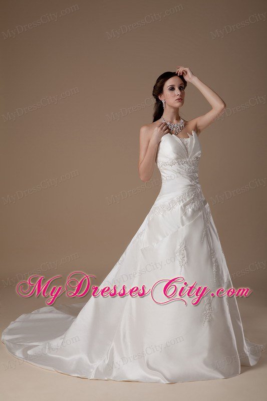 Ivory A-line Strapless Court Train Appliques Wedding Dress