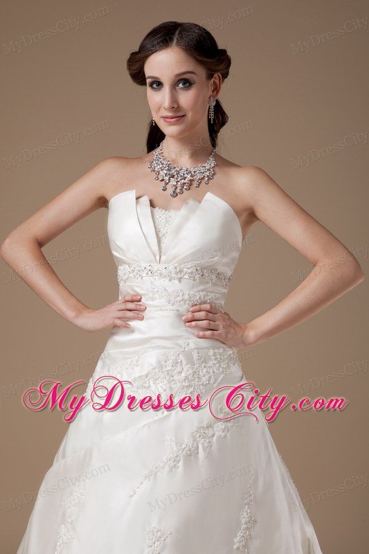 Ivory A-line Strapless Court Train Appliques Wedding Dress