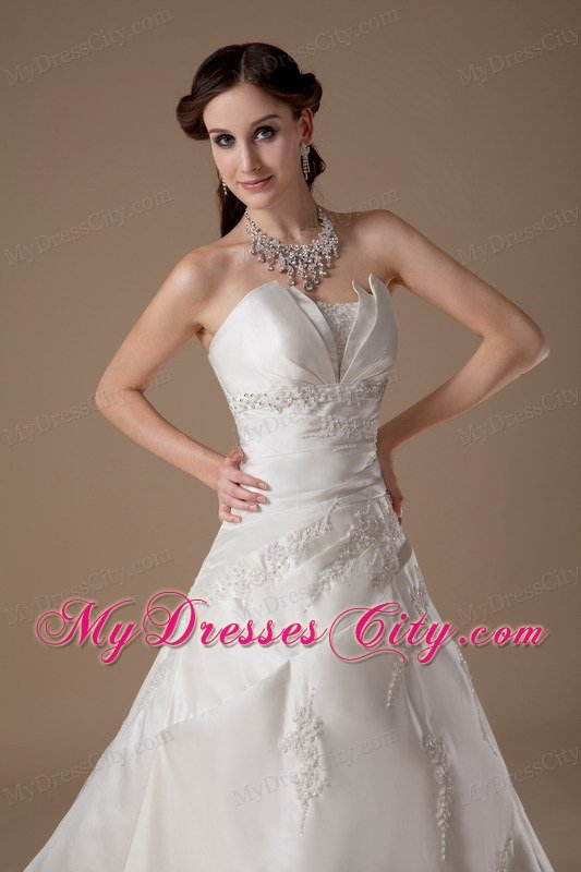 Ivory A-line Strapless Court Train Appliques Wedding Dress