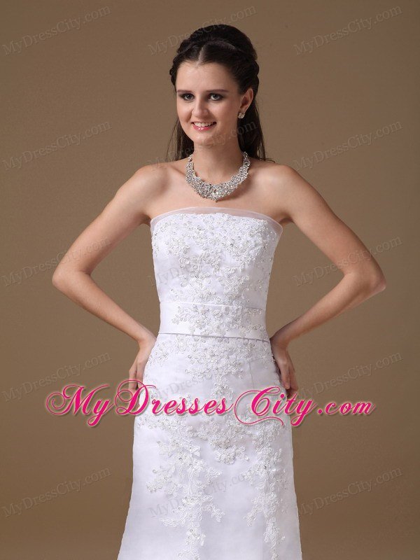 Beautiful A-line Brush Train Lace Wedding Dress with Bowknot