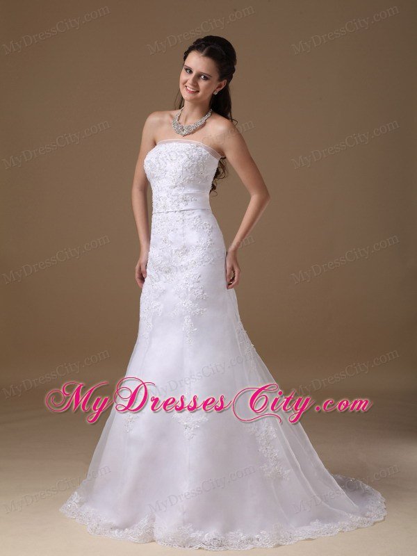 Beautiful A-line Brush Train Lace Wedding Dress with Bowknot